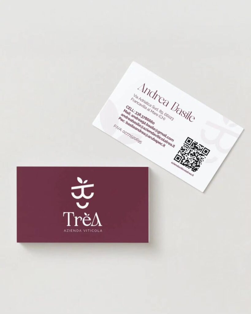 Logo progettato per TrèA - Mosto cotto artigianale, applicato su biglietto da visita